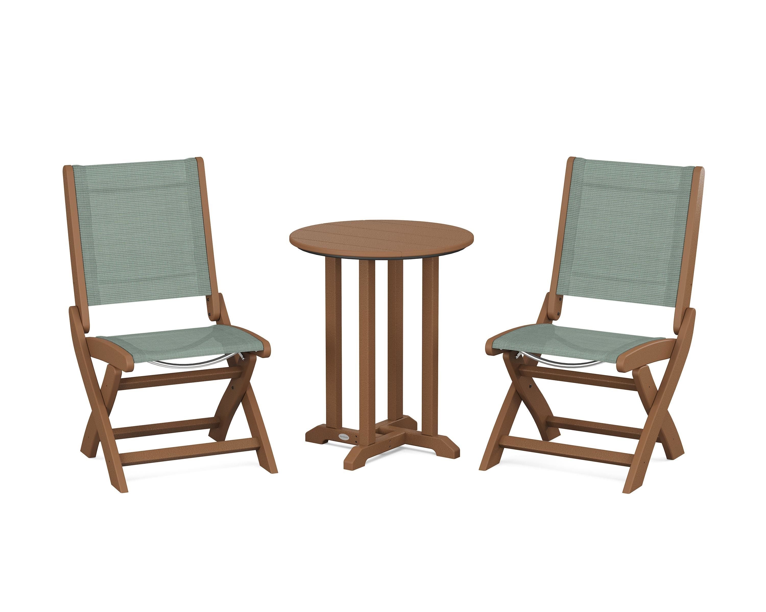 POLYWOOD® Coastal Folding Side Chair 3-Piece Round Bistro Dining Set in Teak / Dupioni Sea Mist Sling