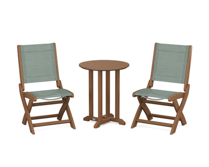 POLYWOOD® Coastal Folding Side Chair 3-Piece Round Bistro Dining Set in Teak / Dupioni Sea Mist Sling