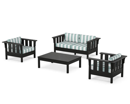Martha Stewart by POLYWOOD® Acadia 4-Piece Deep Seating Set with Loveseat in Black / Cabana Stripe Glacier Spa