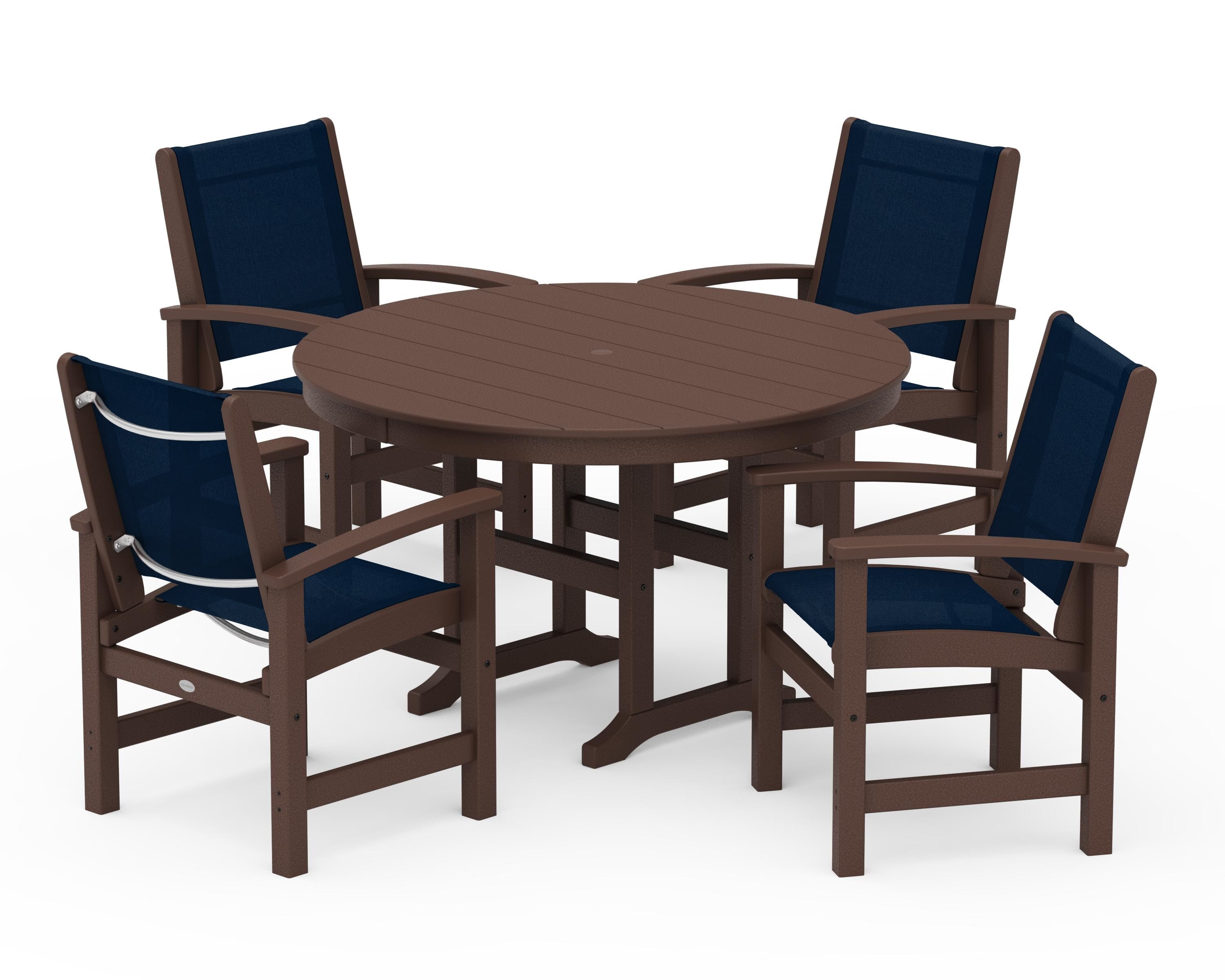 POLYWOOD® Coastal 5-Piece Round Farmhouse Dining Set in Mahogany / Navy Blue Sling