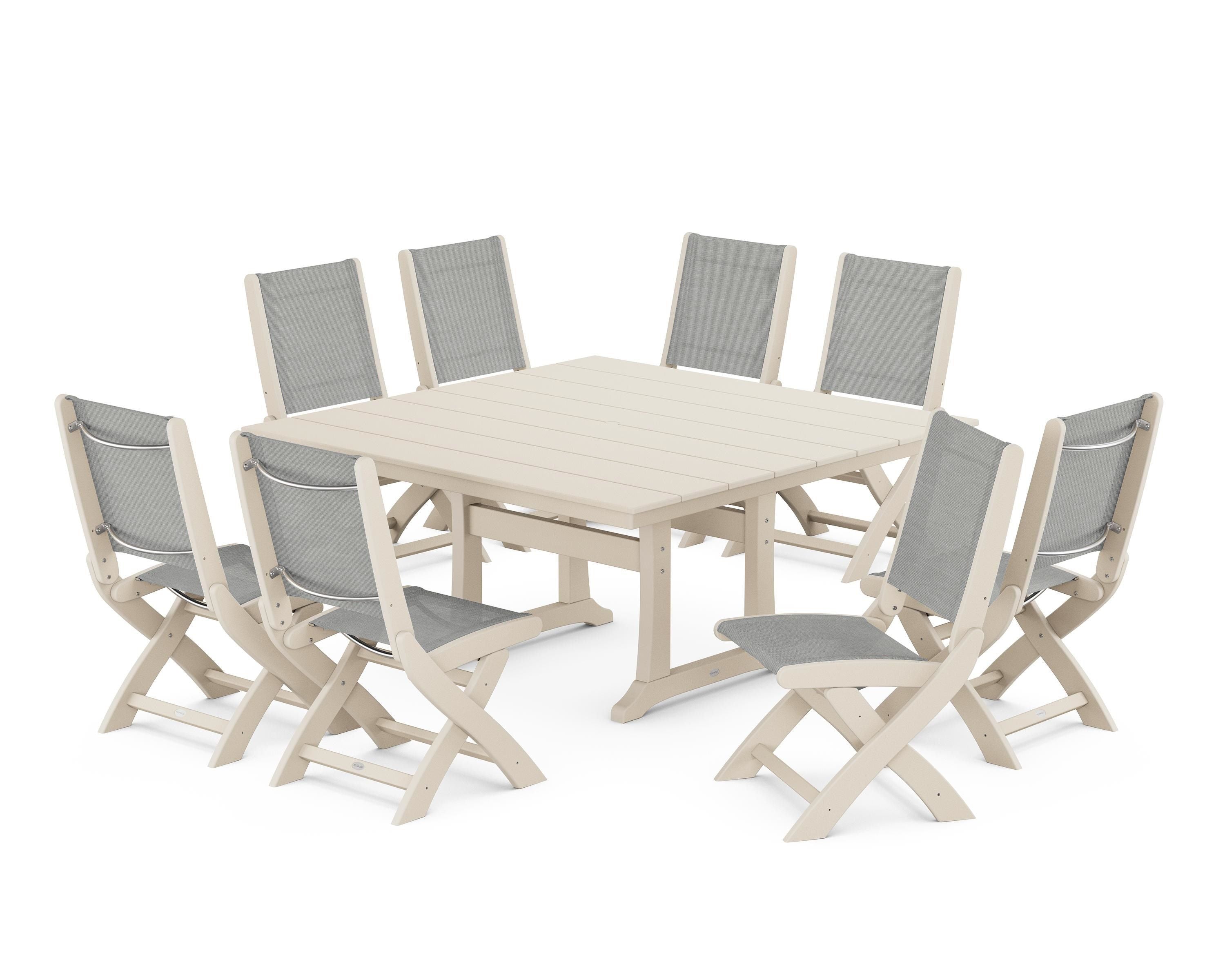 POLYWOOD® Coastal Folding Side Chair 9-Piece Farmhouse Dining Set in Sand / Metallic Sling