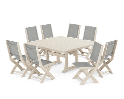 POLYWOOD® Coastal Folding Side Chair 9-Piece Farmhouse Dining Set in Sand / Metallic Sling