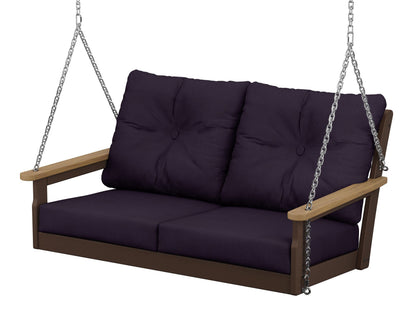 POLYWOOD® Vineyard Deep Seating Swing in Mahogany / Natural / Navy Linen
