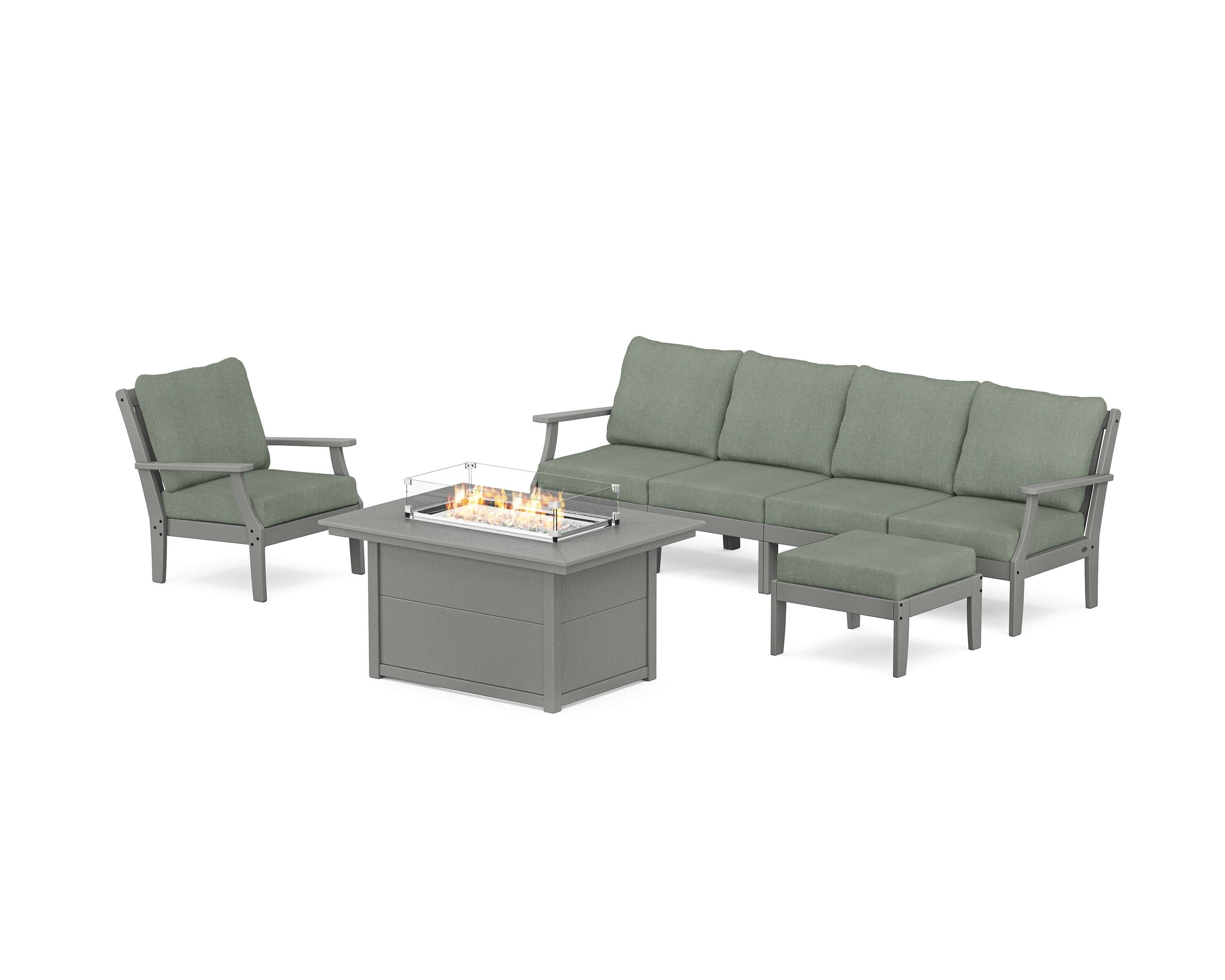 POLYWOOD® Braxton Sectional Lounge and Fire Pit Set in Slate Grey / Cast Sage