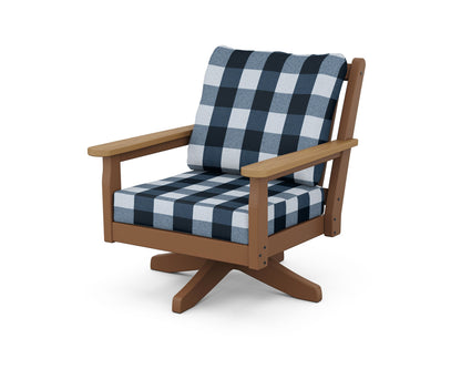 POLYWOOD® Chippendale Deep Seating Swivel Chair in Teak / Natural / Buffalo Plaid Marine Indigo