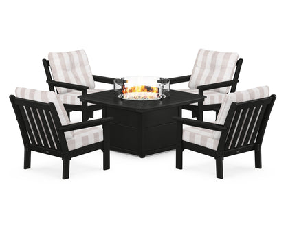 POLYWOOD® Vineyard 5-Piece Conversation Set with Fire Pit Table in Black / Buffalo Plaid Dune Burlap