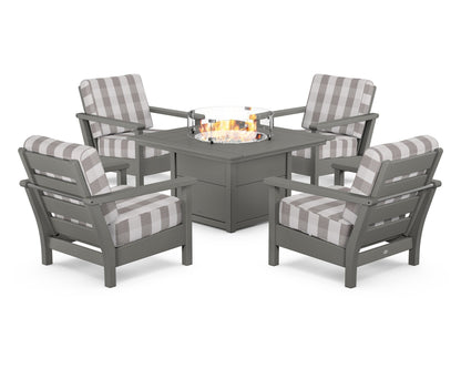 POLYWOOD® Harbour 5-Piece Conversation Set with Fire Pit Table in Slate Grey / Buffalo Plaid Grey Mist