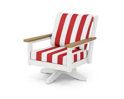 POLYWOOD® Chippendale Deep Seating Swivel Chair in White / Natural / Cabana Stripe Crimson