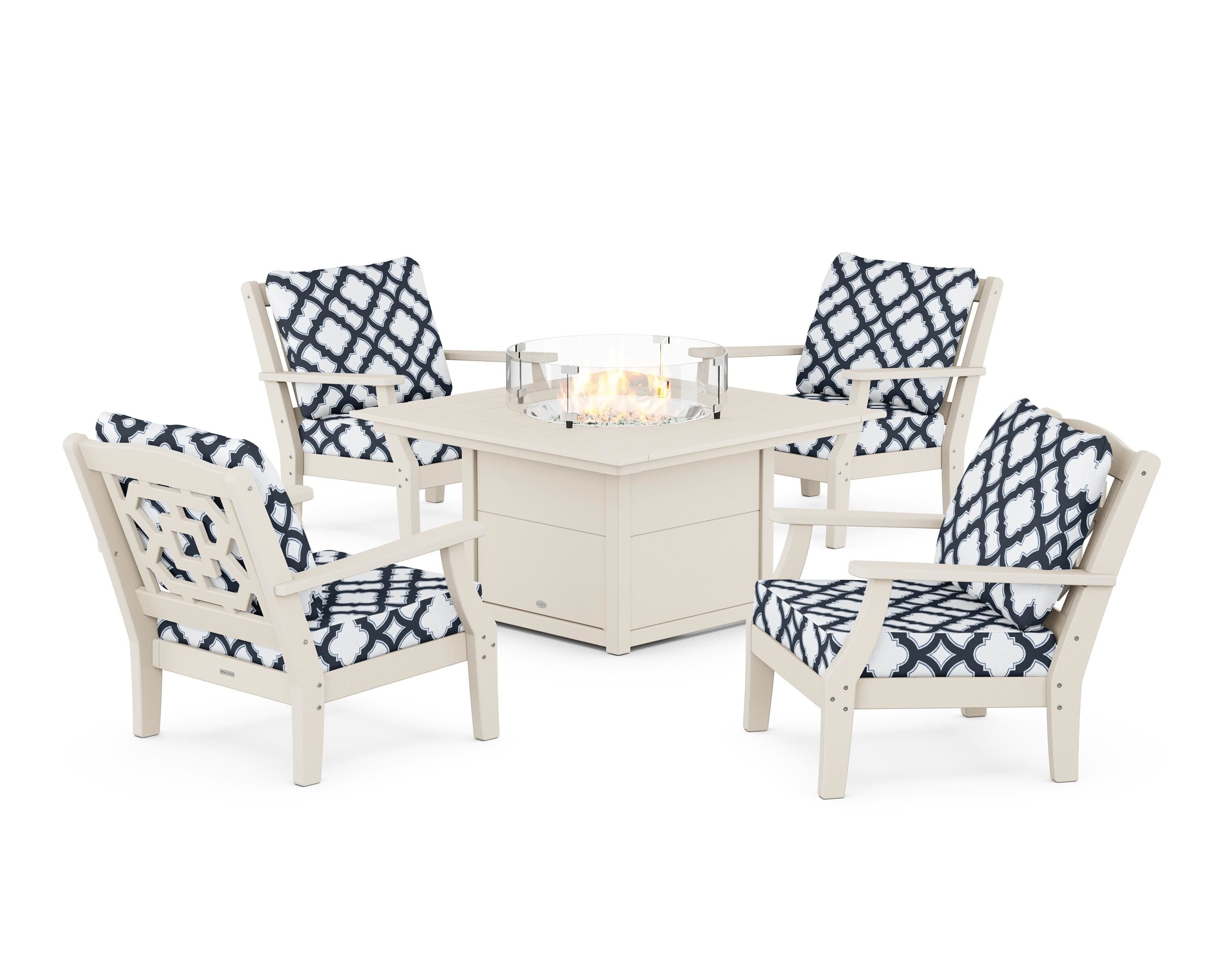 Martha Stewart by POLYWOOD® Chinoiserie 5-Piece Deep Seating Set with Fire Pit Table in Sand / Trellis Marine Indigo