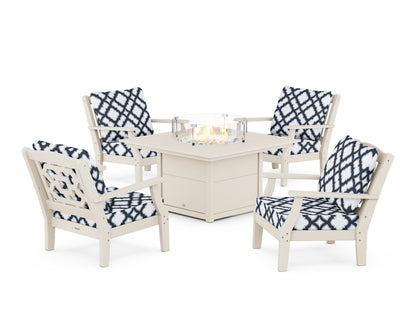Martha Stewart by POLYWOOD® Chinoiserie 5-Piece Deep Seating Set with Fire Pit Table in Sand / Trellis Marine Indigo