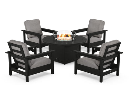 POLYWOOD® Club 5-Piece Conversation Set with Fire Pit Table in Black / Grey Mist