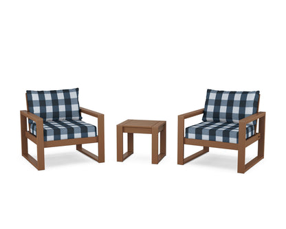 POLYWOOD® EDGE Sectional 3-Piece Deep Seating Set in Teak / Buffalo Plaid Marine Indigo