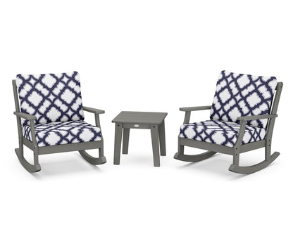 POLYWOOD® Braxton 3-Piece Deep Seating Rocker Set in Slate Grey / Trellis Navy