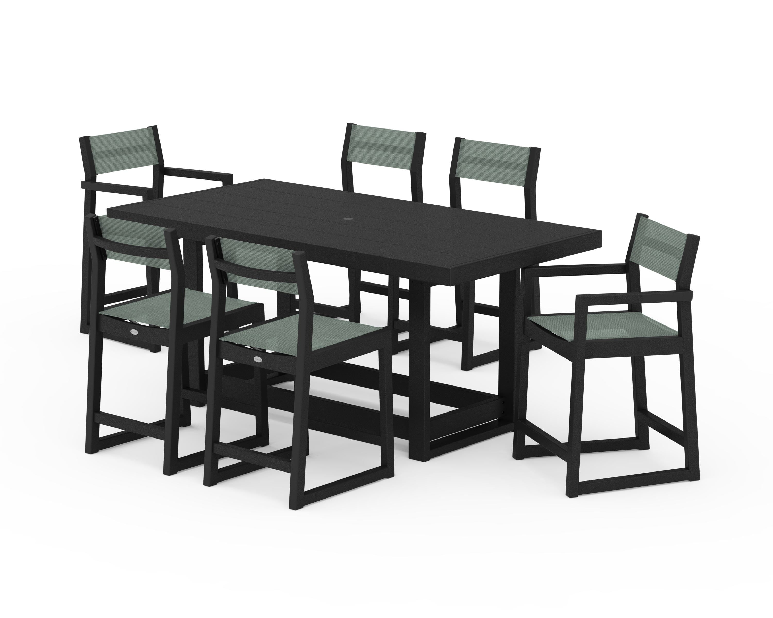 POLYWOOD® EDGE Sling 7-Piece Counter Table Set in Black / Dupioni Sea Mist Sling