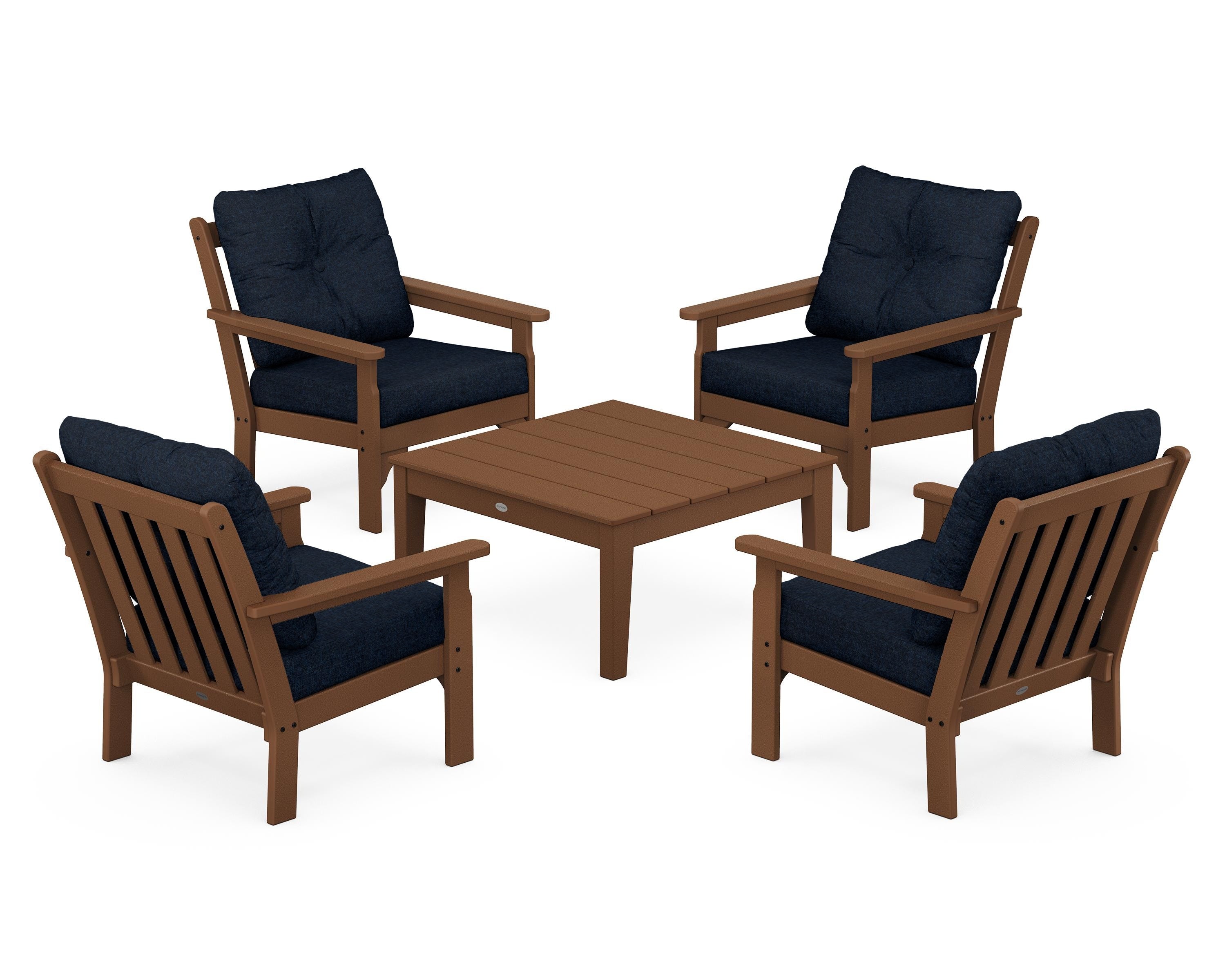 POLYWOOD® Vineyard 5-Piece Deep Seating Conversation Set in Teak / Marine Indigo
