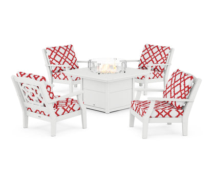 Martha Stewart by POLYWOOD® Chinoiserie 5-Piece Deep Seating Set with Fire Pit Table in White / Trellis Crimson