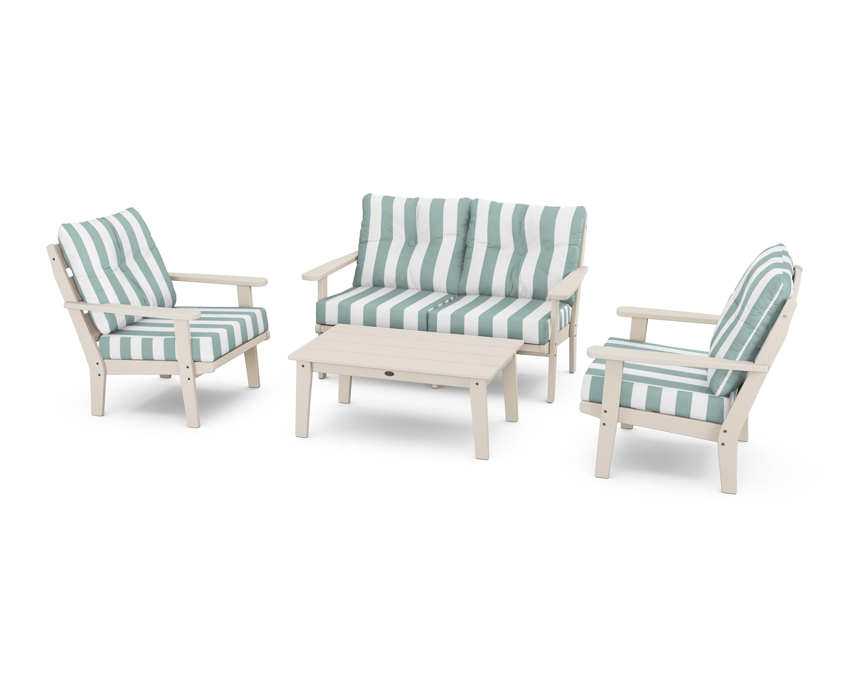 POLYWOOD® Lakeside 4-Piece Deep Seating Set in Sand / Cabana Stripe Glacier Spa