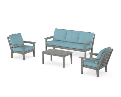 Country Living Cottage 4-Piece Deep Seating Set with Sofa in Slate Grey / Lattice Sky Blue
