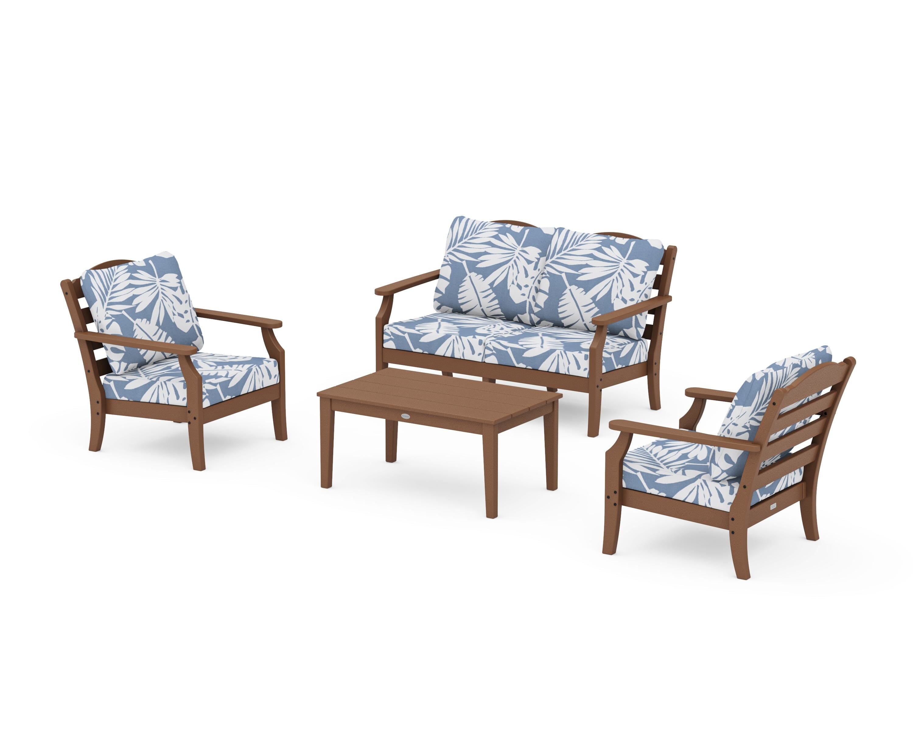 Draper James™ by  POLYWOOD® Savannah 4-Piece Deep Seating Set with Loveseat in Teak / Leaf Sky Blue
