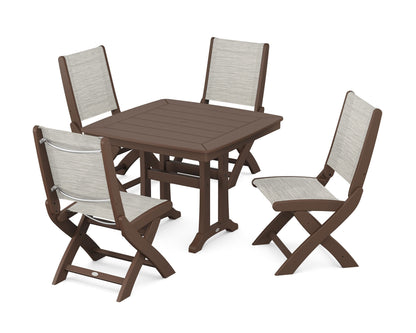 POLYWOOD® Coastal Folding Side Chair 5-Piece Dining Set with Trestle Legs in Mahogany / Birch Sling