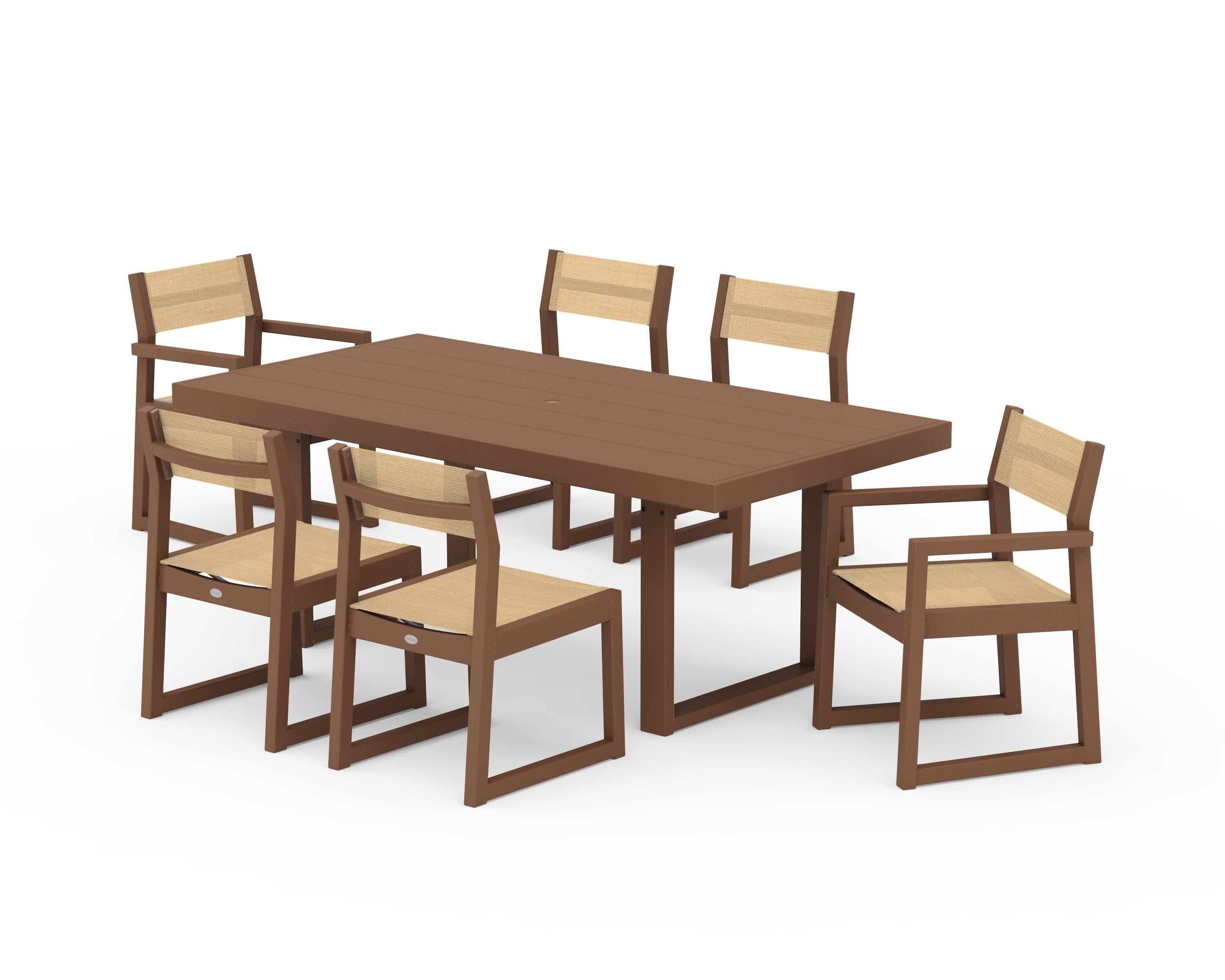 POLYWOOD® EDGE Sling 7-Piece Dining Set in Teak / Dupioni Apricot Sling