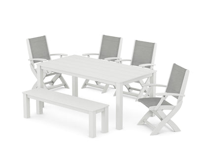 POLYWOOD® Coastal Folding Chair 6-Piece Parsons Dining Set with Bench in White / Metallic Sling