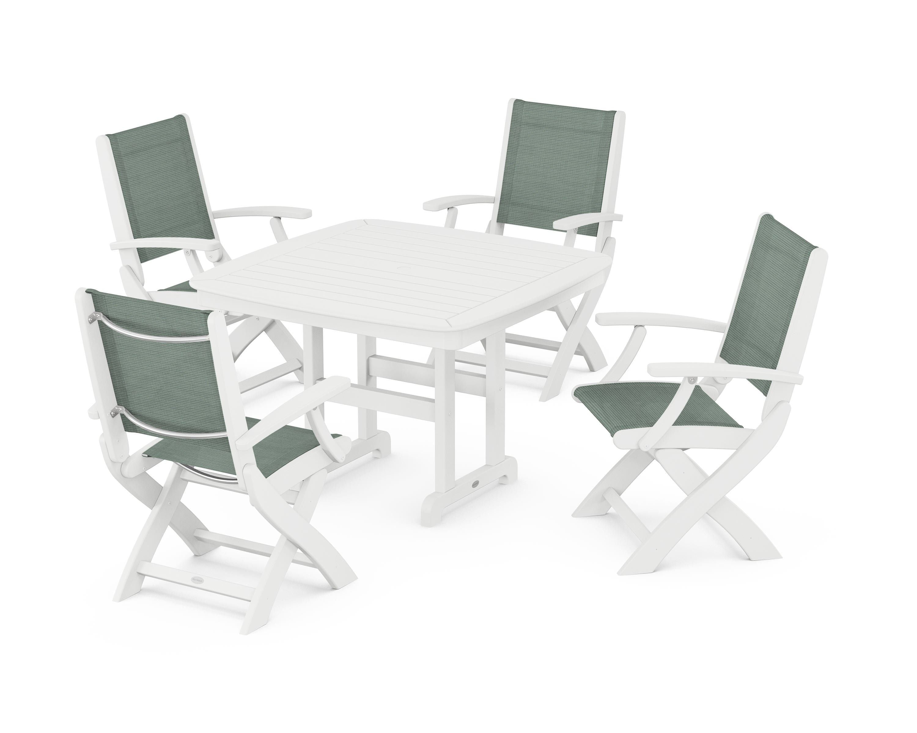 POLYWOOD® Coastal Folding Chair 5-Piece Dining Set in White / Dupioni Sea Mist Sling