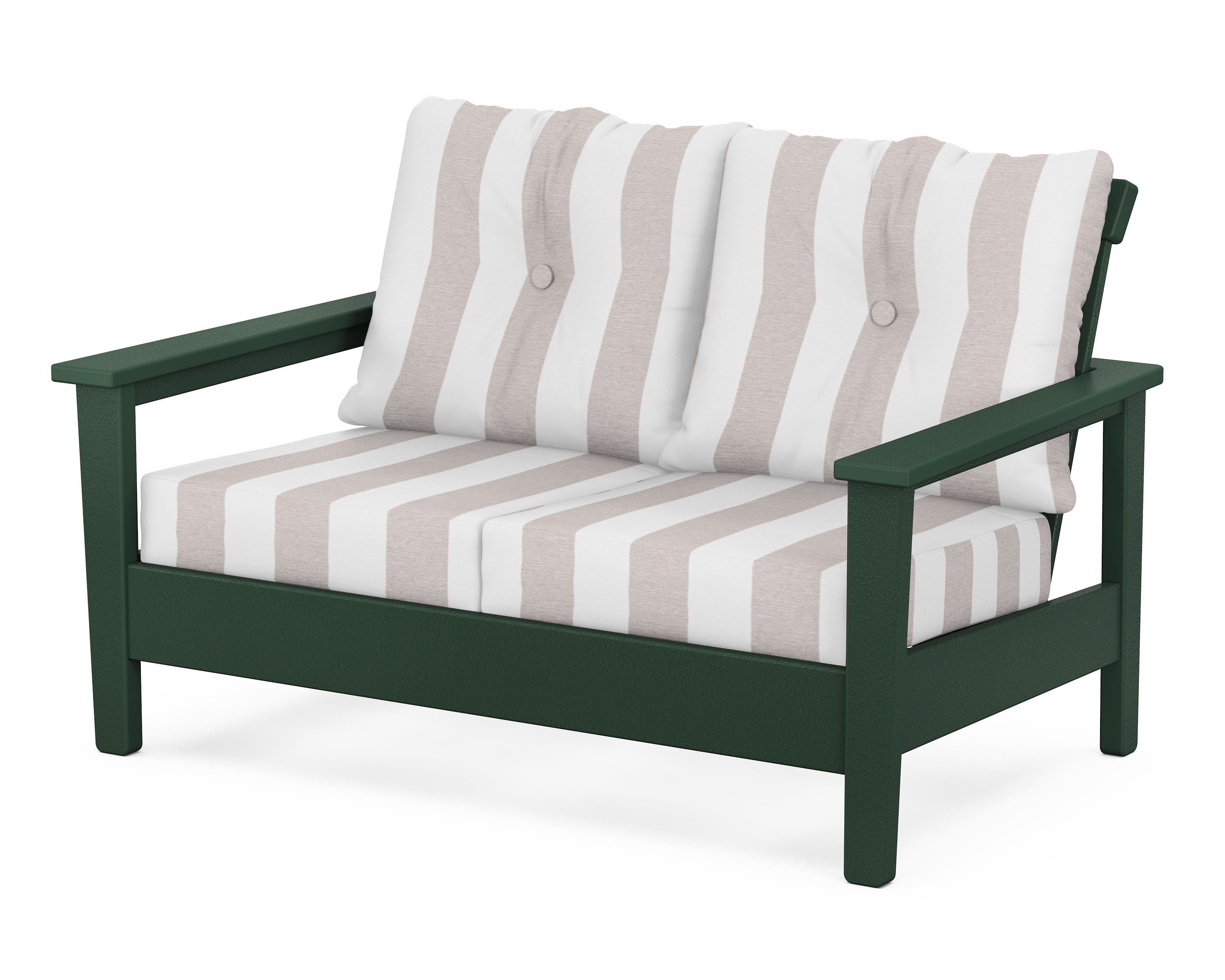 POLYWOOD® Prescott Deep Seating Loveseat in Green / Cabana Stripe Dune Burlap