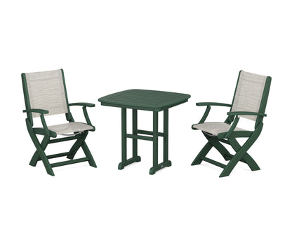 POLYWOOD® Coastal Folding Chair 3-Piece Dining Set in Green / Birch Sling