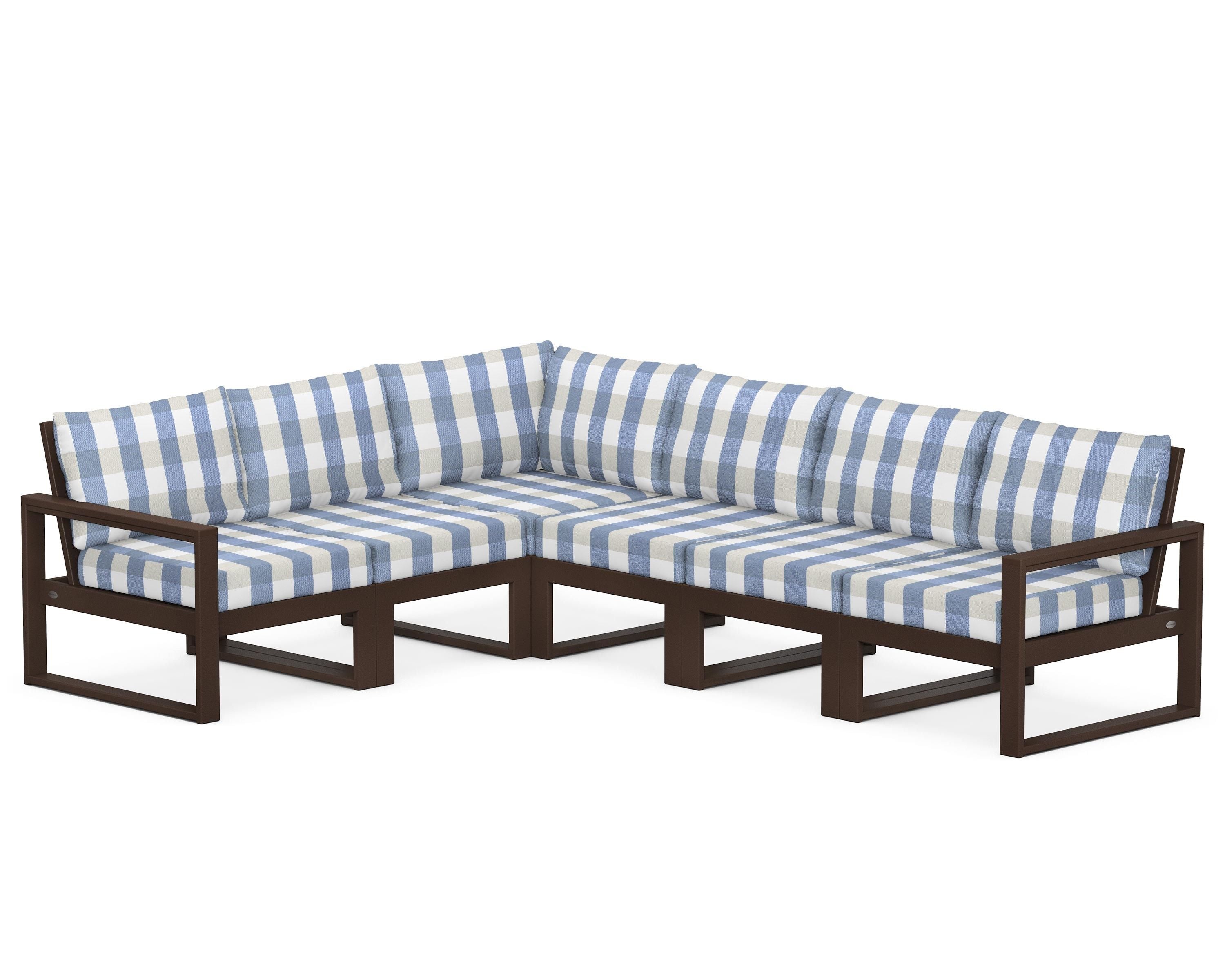 POLYWOOD® EDGE 6-Piece Modular Deep Seating Set in Mahogany / Buffalo Plaid Sky Blue