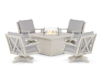 POLYWOOD® Braxton 5-Piece Deep Seating Swivel Conversation Set with Fire Pit Table in Sand / Granite