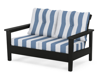 POLYWOOD® Prescott Deep Seating Loveseat in Black / Cabana Stripe Sky Blue