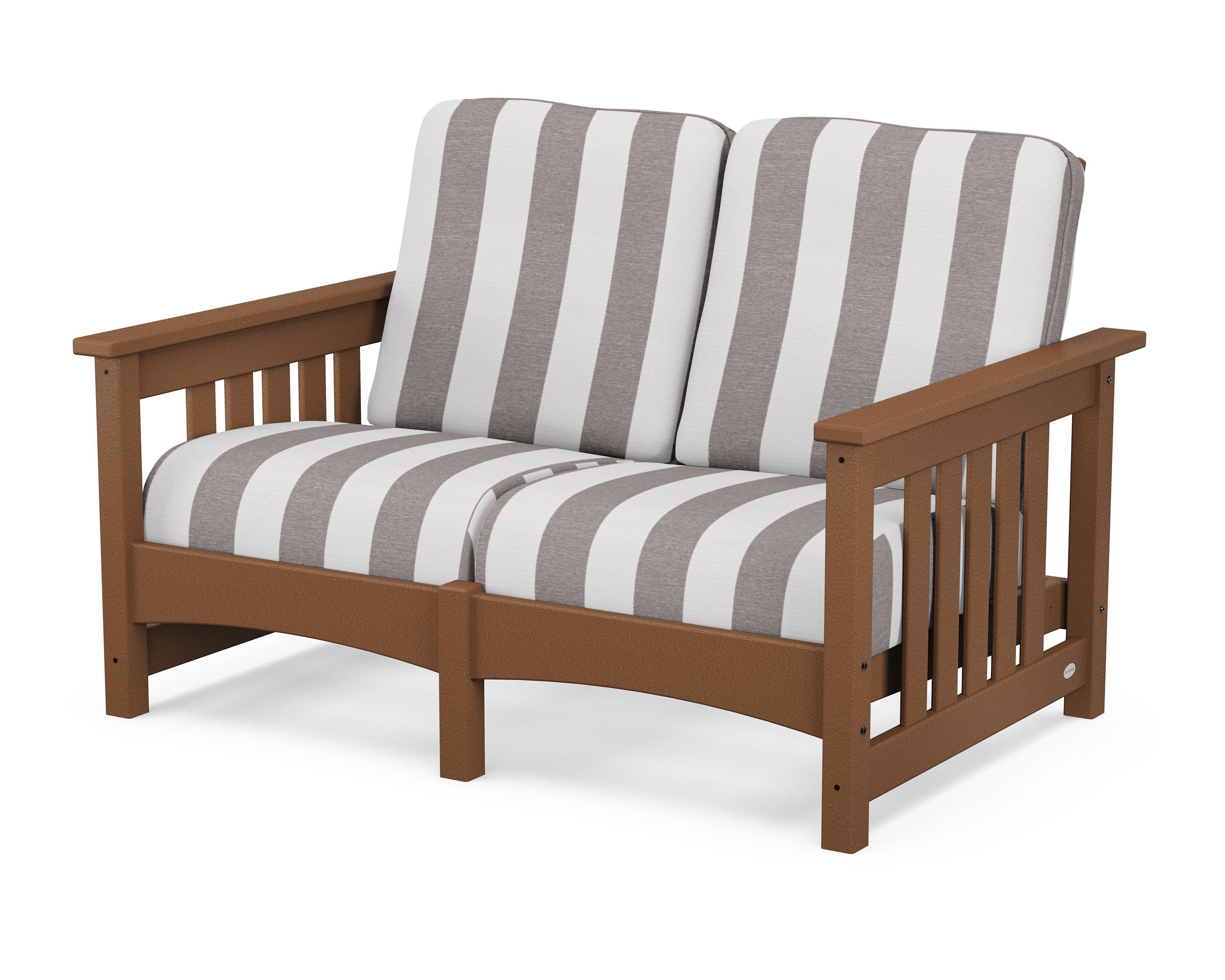 POLYWOOD® Club Mission Loveseat in Teak / Cabana Stripe Grey Mist