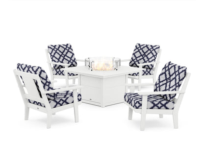 POLYWOOD® Prairie 5-Piece Deep Seating Set with Fire Pit Table in White / Trellis Navy