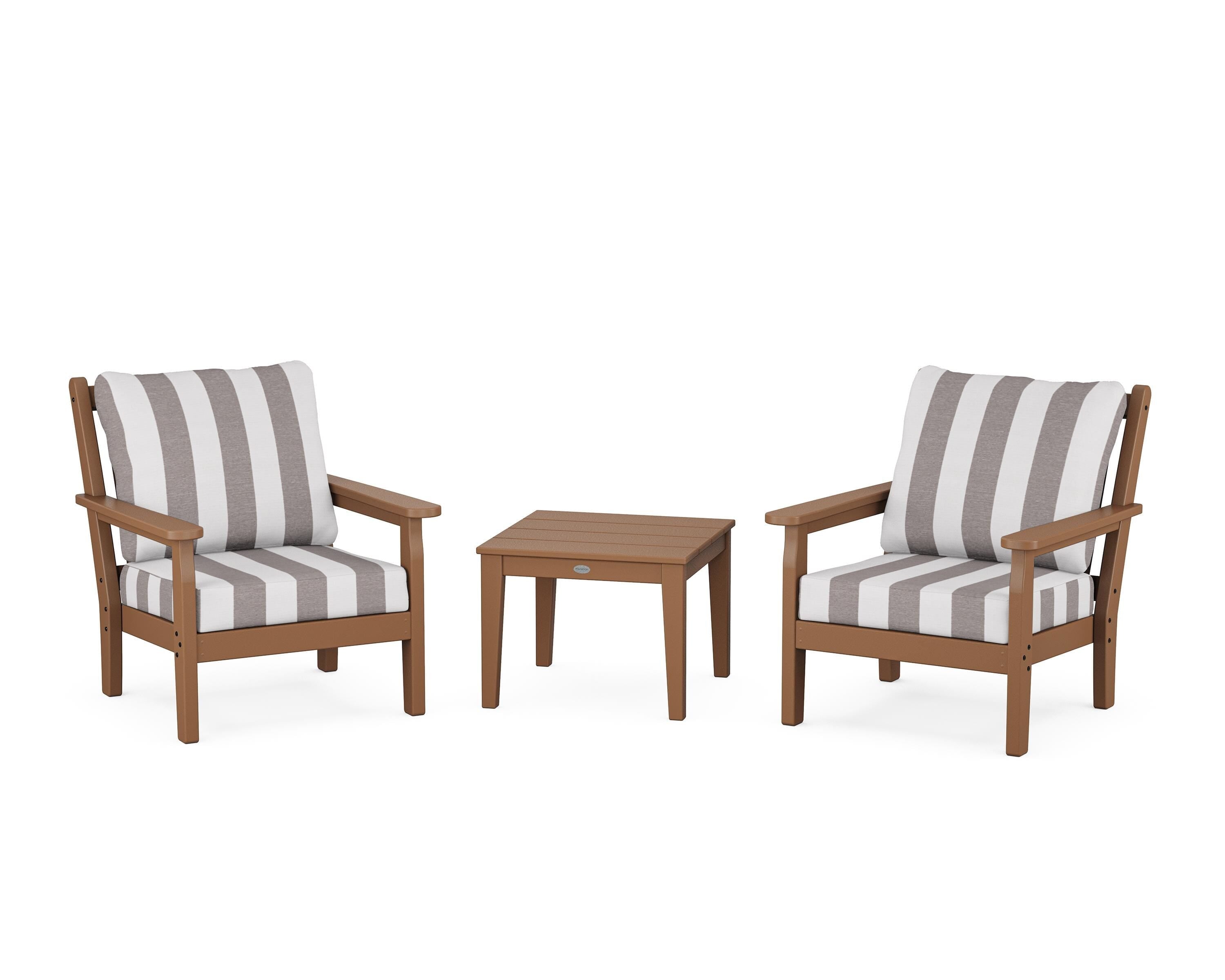 POLYWOOD® Chippendale 3-Piece Deep Seating Set in Teak / Cabana Stripe Grey Mist
