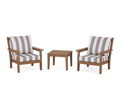 POLYWOOD® Chippendale 3-Piece Deep Seating Set in Teak / Cabana Stripe Grey Mist