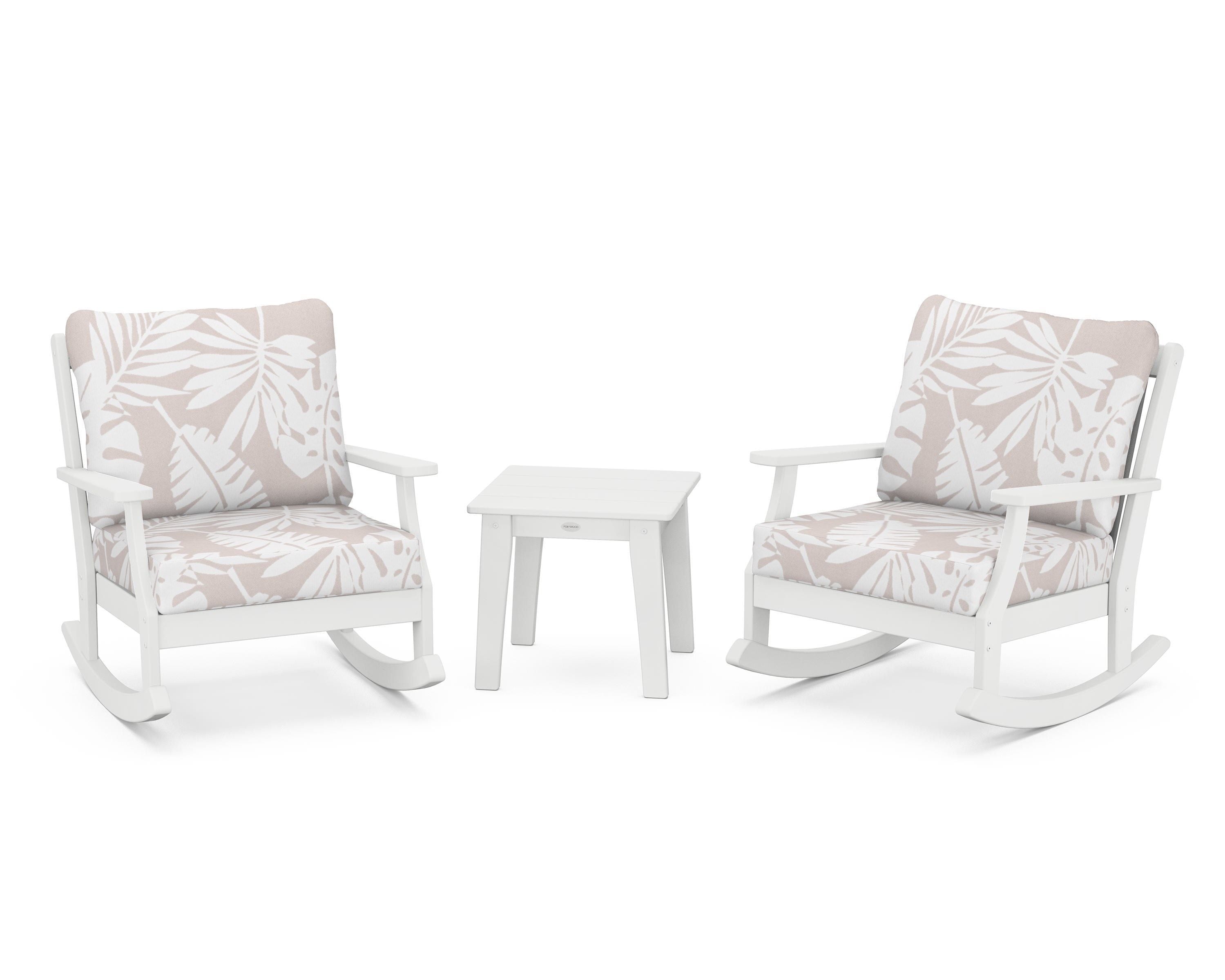 POLYWOOD® Braxton 3-Piece Deep Seating Rocker Set in White / Leaf Dune Burlap