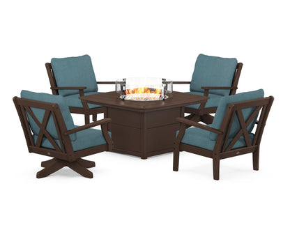 POLYWOOD® Braxton 5-Piece Deep Seating Set with Fire Table in Mahogany / Ocean Teal