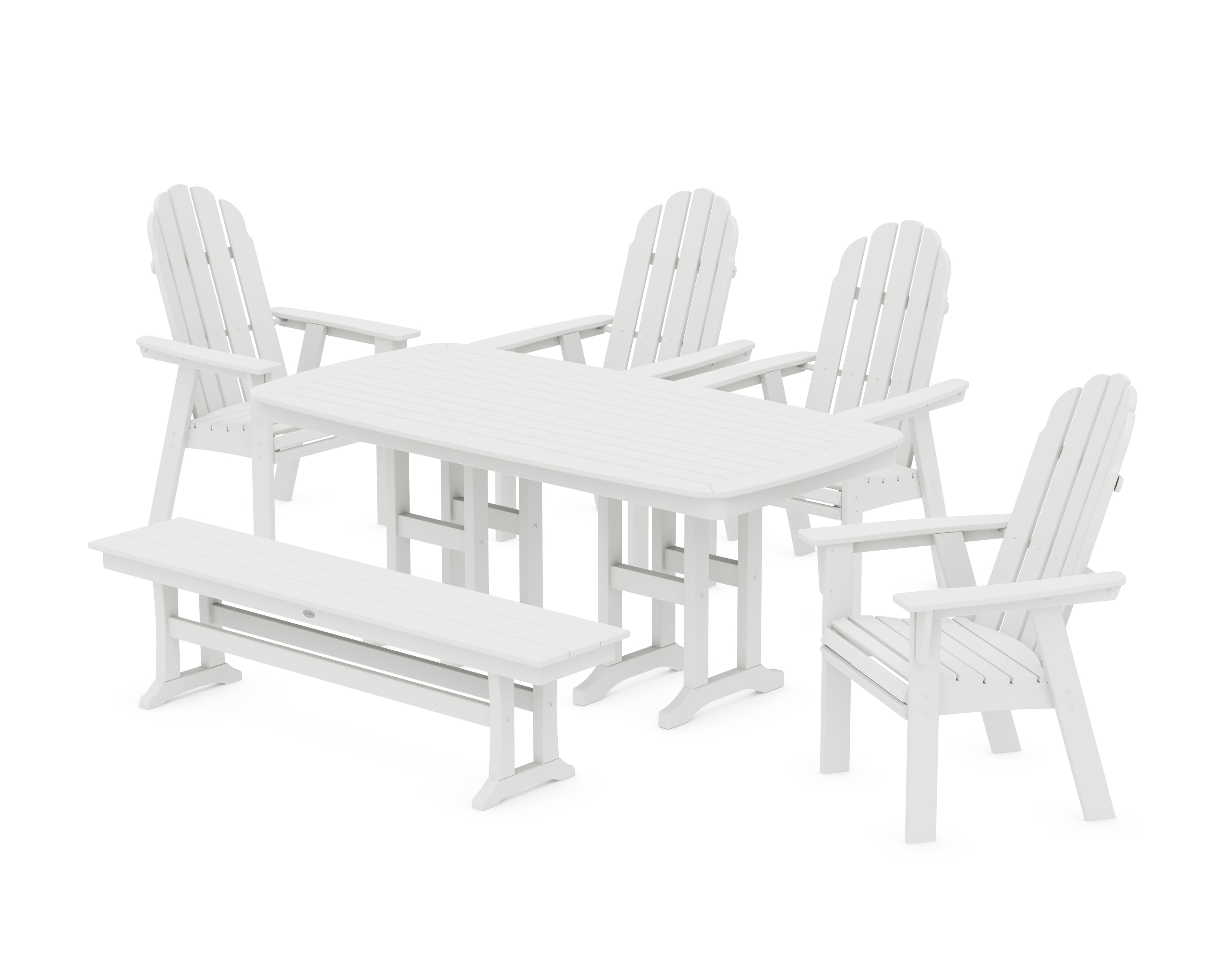 POLYWOOD® Vineyard Curveback Adirondack Chair 6-Piece Dining Set with Bench in White