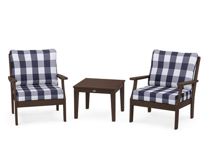 POLYWOOD® Braxton 3-Piece Deep Seating Set in Mahogany / Buffalo Plaid Navy
