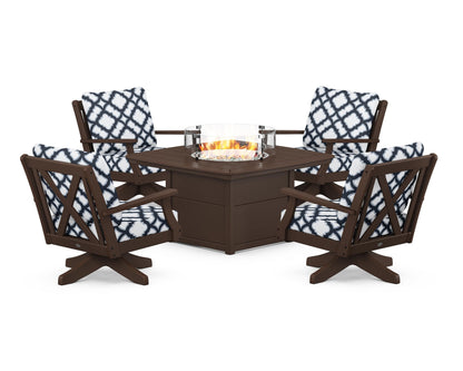 POLYWOOD® Braxton 5-Piece Deep Seating Swivel Conversation Set with Fire Pit Table in Mahogany / Trellis Marine Indigo