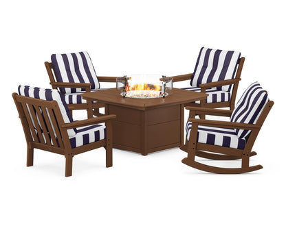 POLYWOOD® Vineyard 5-Piece Deep Seating Rocking Chair Conversation Set with Fire Pit Table in Teak / Cabana Stripe Navy