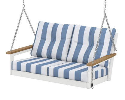 POLYWOOD® Vineyard Deep Seating Swing in White / Natural / Cabana Stripe Sky Blue