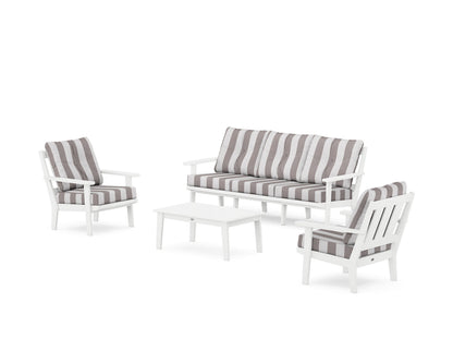 POLYWOOD® Oxford 4-Piece Deep Seating Set with Sofa in White / Cabana Stripe Grey Mist
