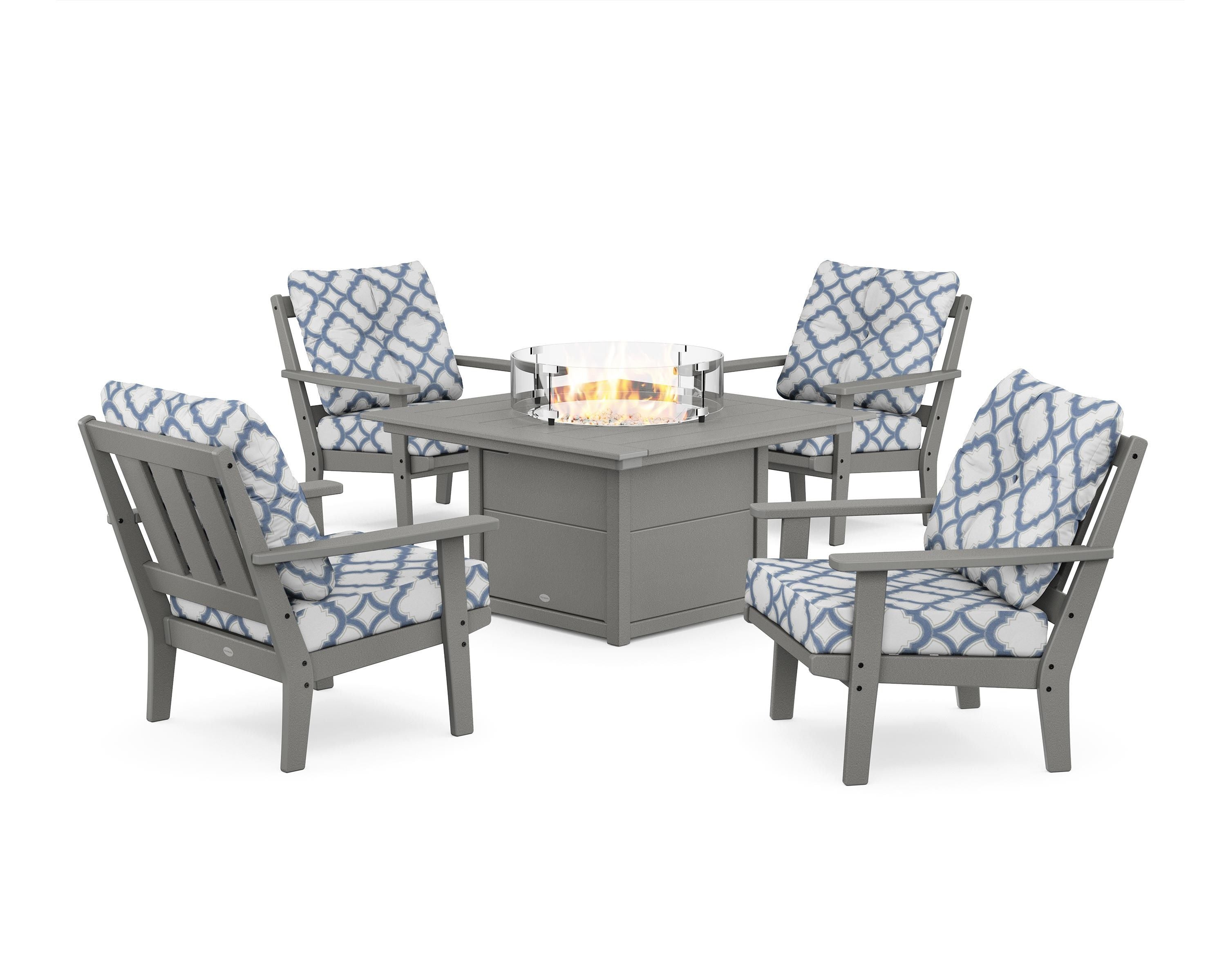 POLYWOOD® Oxford 5-Piece Deep Seating Set with Fire Pit Table in Slate Grey / Trellis Sky Blue