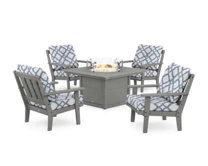 POLYWOOD® Oxford 5-Piece Deep Seating Set with Fire Pit Table in Slate Grey / Trellis Sky Blue