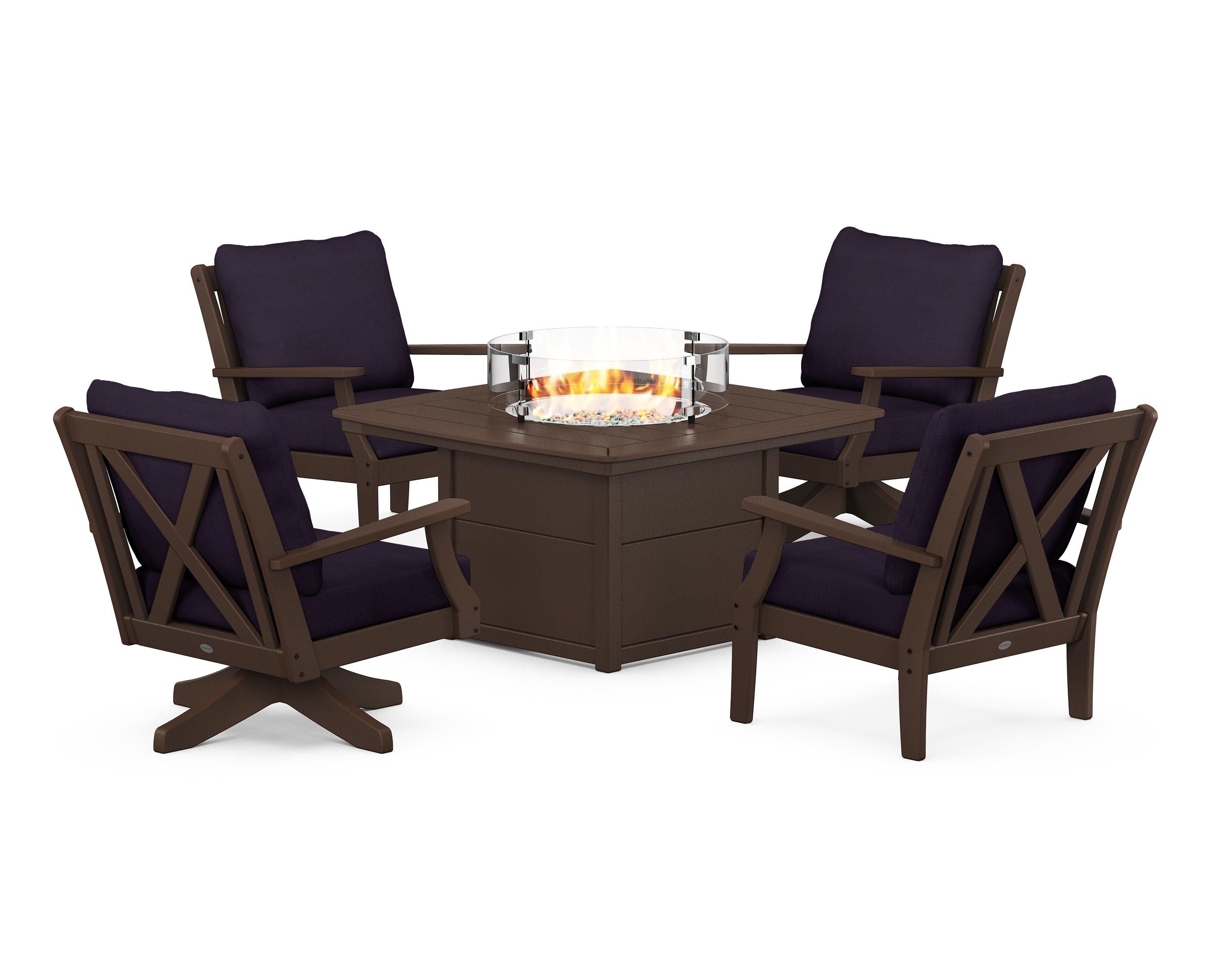 POLYWOOD® Braxton 5-Piece Deep Seating Set with Fire Table in Mahogany / Navy Linen