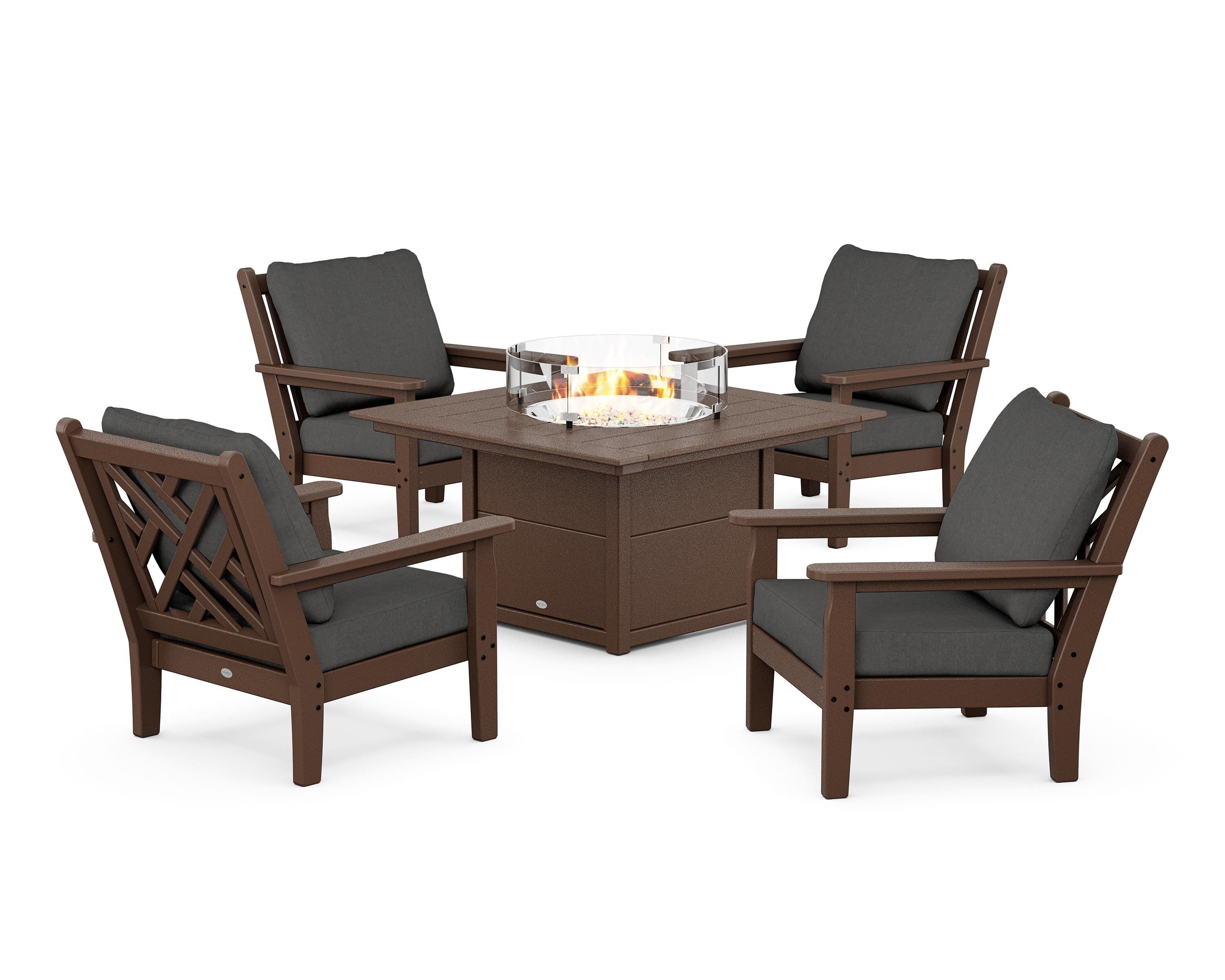 POLYWOOD® Chippendale 5-Piece Deep Seating Set with Fire Pit Table in Mahogany / Spectrum Carbon