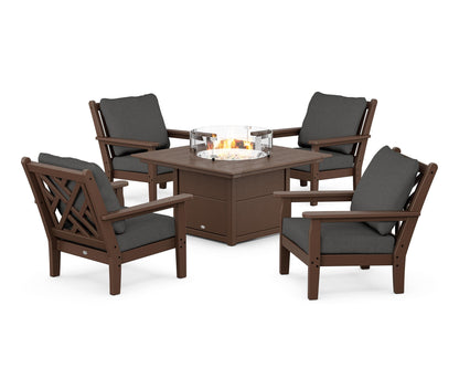 POLYWOOD® Chippendale 5-Piece Deep Seating Set with Fire Pit Table in Mahogany / Spectrum Carbon
