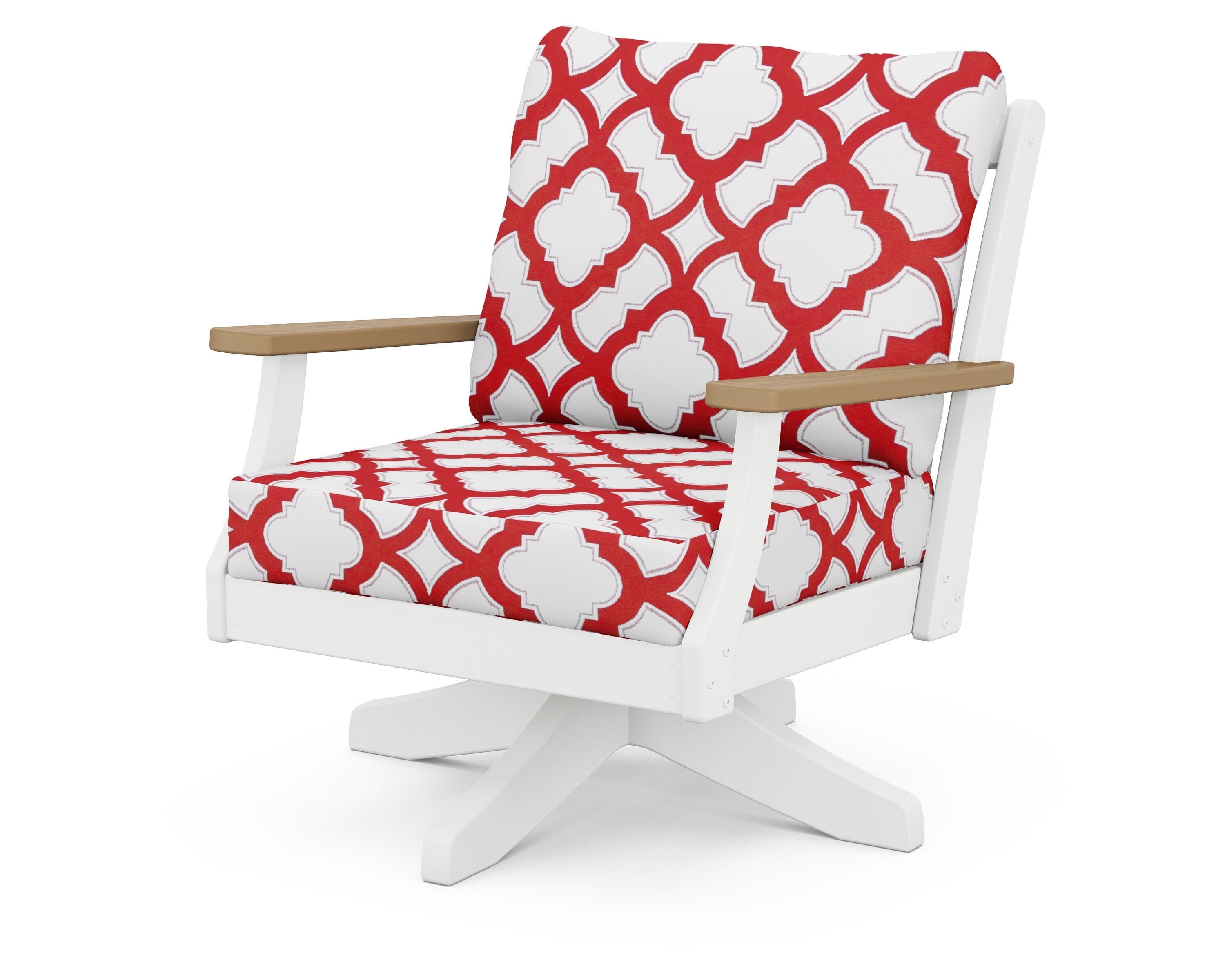 POLYWOOD® Braxton Deep Seating Swivel Chair in White / Natural / Trellis Crimson